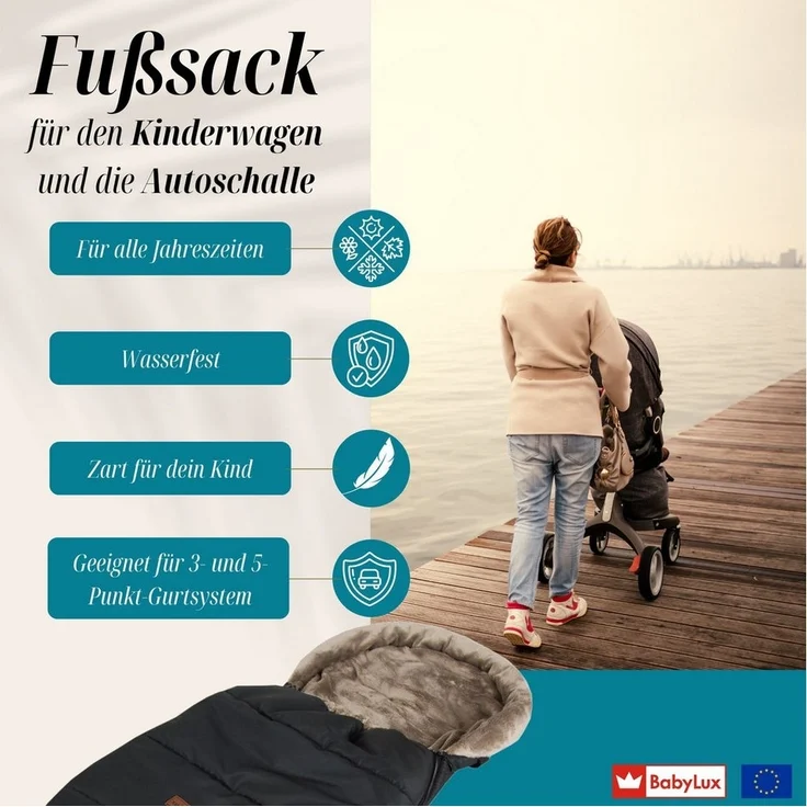 BabyLux Fußsack "Cozy" (für Kinderwagen, Buggy, Babyschalle, Winterfußsack Kinderwagenfußsack Babyfußsack), K26 - Schwarz / Beige – Bild 2