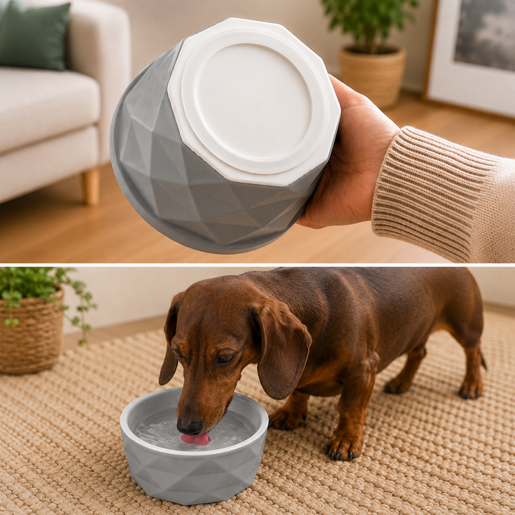 belviona Futternapf für Hunde, Keramiknapf mit rutschfestem Silikonboden, für Nassfutter, Trockenfutter & Wasser, 350 ml, dunkelgrau/hellgrau matt – Bild 2
