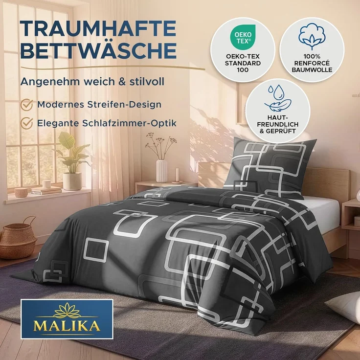Malika Bettwäsche 135x200 + 80x80 cm atmungsaktiver Baummwoll Renforce Bettbezug, Renforce Baumwolle, 2 teilig, Für Allergiker geeignet, pflegeleicht, angenehm weicher Stoff – Bild 2