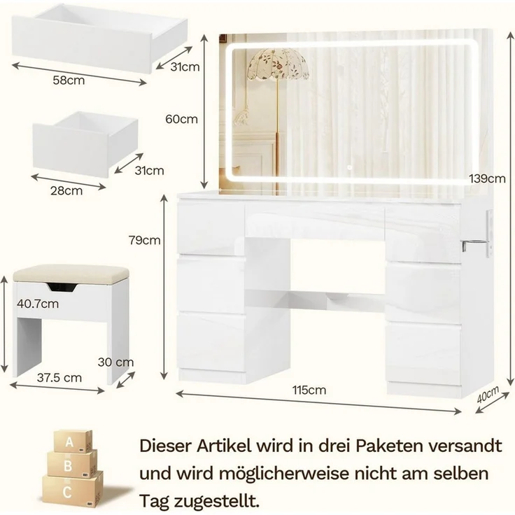 HOMALL Schminktisch 115 cm großer LED-Schminktisch mit einstellbarer Helligkeit (Maße: 115 × 40 × 139 cm, mit 7 Schubladen, 2 Steckdosen, 1 USB-Anschluss und 1 Typ-C-Anschluss sowie einer Halterung für den Föhn, als Set mit Frisiertisch und Stuhl erhäl... – Bild 2