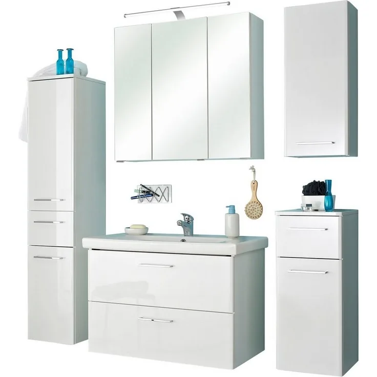 Saphir Badmöbel-Set Quickset 316 5-teilig, inkl. Keramik-Waschtisch und LED-Spiegelschrank, (Set, 5-St), mit Türdämpfern in Weiß Hochglanz, 7 Türen, 3 Schubladen, 1 Klappe