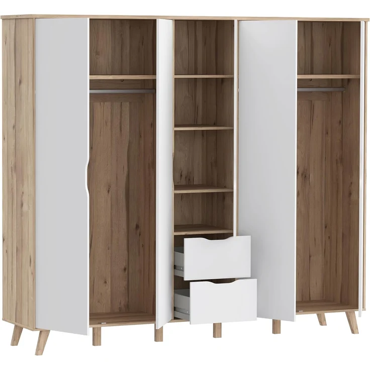 Forte VANKKA Kleiderschrank 230, Skandi Schrank mit 5 Drehtüren und 2 Schubladen, Filigrane Möbelbeine, Holzwerkstoff, Planked Eiche Holzdekor | Weiß, 228,8 cm breit x 201,5 cm hoch x 52,7 cm tief – Bild 10