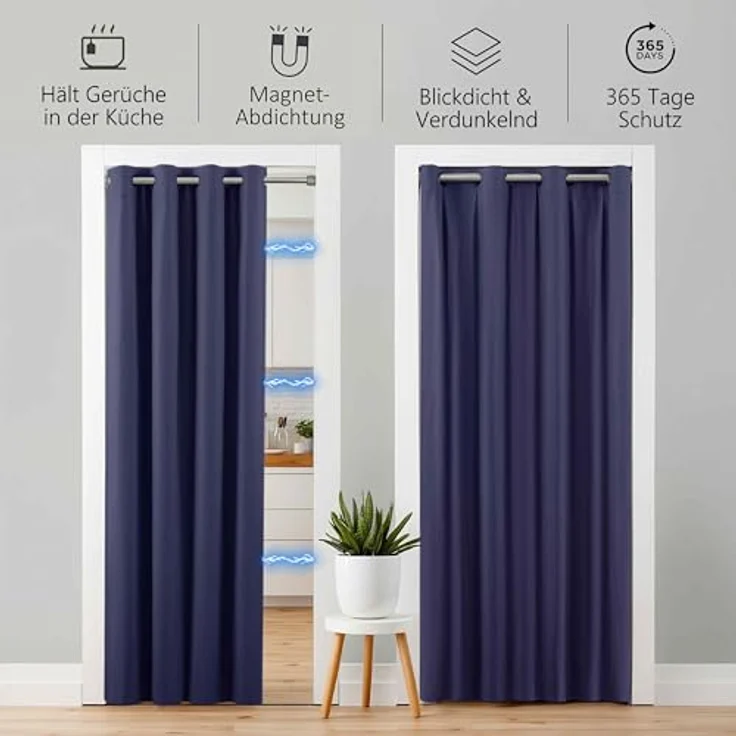 tinycurtains Türvorhang mit Stange silber 55-90 cm ohne Bohren, Thermo Vorhang Tür, Ösen, abdunkelnd, Polyester, blickdicht, dunkelblau Ocean, Türgardine mit Klemmstange, verdunkelnd – Bild 6