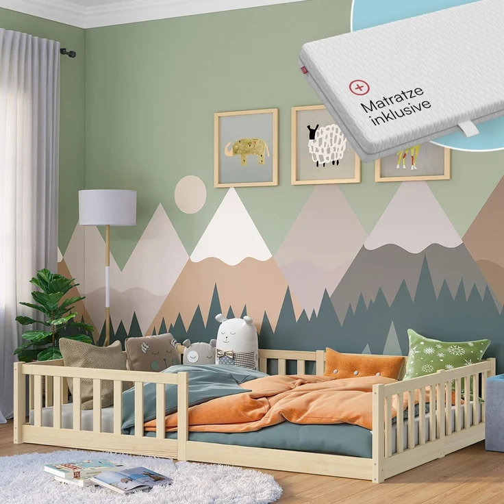 Bellabino 'Vere' Bodenbett 140x200 cm mit Matratze, natur, Massivholz Kiefer, Montessori Kinderbett mit Rausfallschutz und Lattenrost – Bild 1
