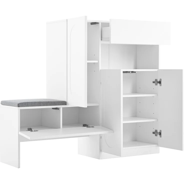 Trendiger 2-in-1 Schuhschrank mit gewölbten Türen – Klapptür mit Soft-Close-Funktion, höhenverstellbaren Fächern und gepolsterter Sitzbank,Weiß,130×35×110cm – Bild 6