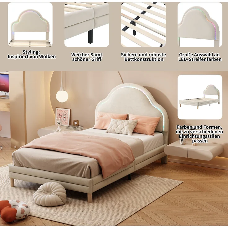 U-life Polsterbett 90x200 cm, Einzelbett und Kinderbett, mit wolkenförmigem Kopfteil, LED-Lichtleiste und Samtbezug, Beige – Bild 5
