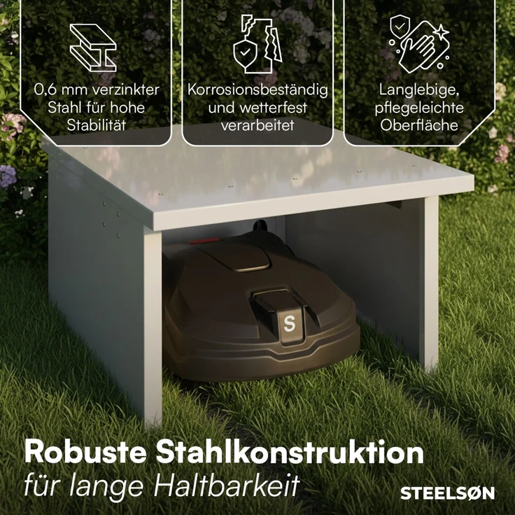 STEELSØN 'Drakon' Mähroboter Garage, Metall, silber, wetterfest, 53/42x77x90 cm, Mähroboterhaus mit aufklappbarem Pultdach – Bild 5