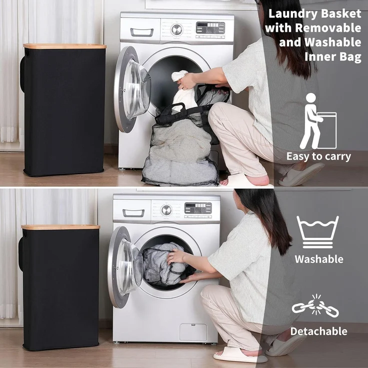 Wäschekorb mit Deckel 60L Bambus Wäschesammler Schmal Schwarz – Bild 4