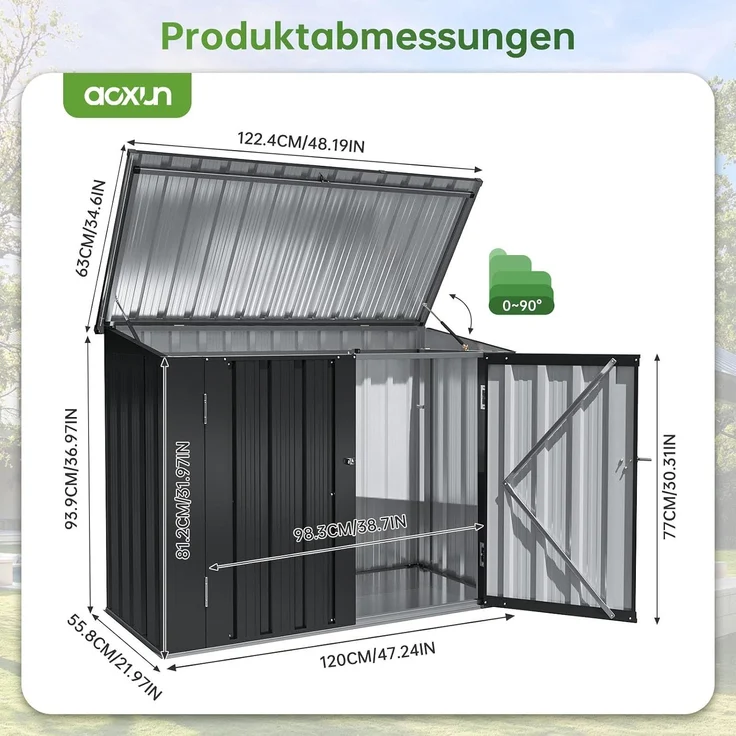 Aoxun Metallschuppen 122x63x94cm, öffnbare Vorder & Obertüren, Geräteschrank für Garten, Garage & Rasen, wetterbeständig, Schwarz – Bild 2