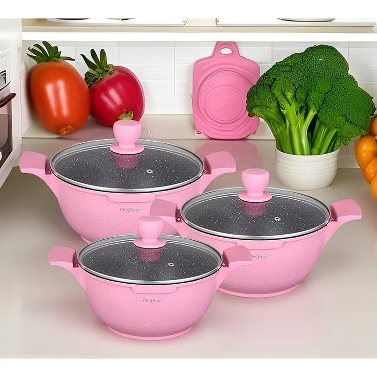 Kochtopf Kasserolle Topf Set 6-tlg mit Glasdeckel Cheffinger pink LC-01 – Bild 2