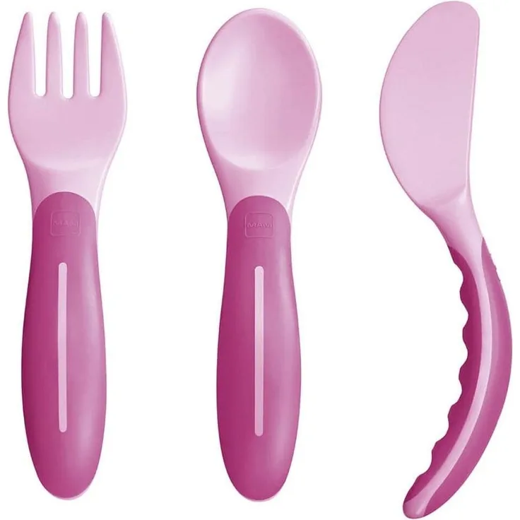 MAM Baby's Cutlery Besteck-Set, rutschfest, mit Gabel, Löffel und Messer, ab 6 Monaten, Rosa