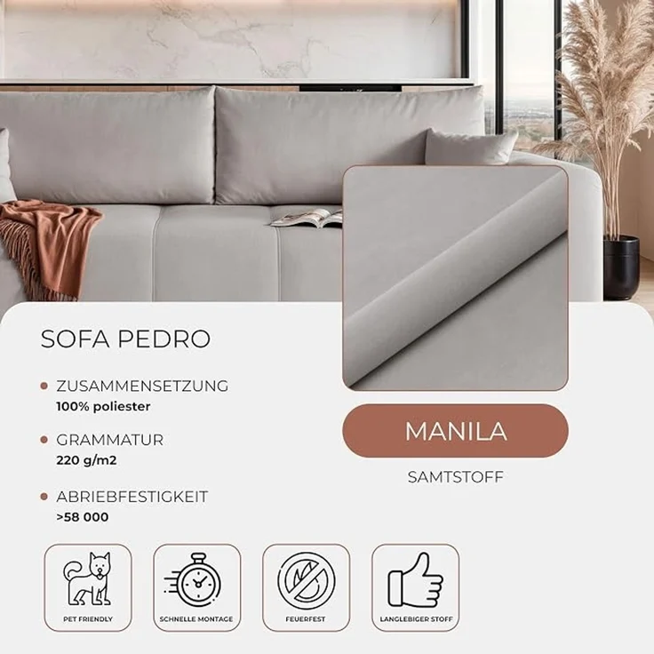 Multifunktionales Schlafsofa für kompakte Räume: mit Schlaffunktion (125 x 200 cm) und Stauraum; Konstruktion aus Massivholz & MDF; Ziernähte auf der Sitzfläche; 93 x 244 cm – Bild 4