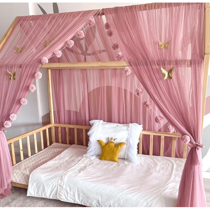 Baby Fancyroom Betthimmel Betthimmel Tüll Hausbett Kinderbett 2 Stück 340cm 380cm Montessori (3-tlg. Set mit 2x Betthimmel und einer 20er Pomponkette, Baldachin, Kinder Betthimmel Baldachin Himmel Deko Set), Betthimmel für Hausbett Montessori – Bild 2