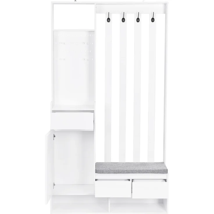 Merax 180cm Flurgarderobe, mit gepolsterter Aufbewahrungsbank, multifunktionaler Flur-Schuhschrank mit Stecktafel, moderne Garderobe mit 4 Haken, Weiß – Bild 9