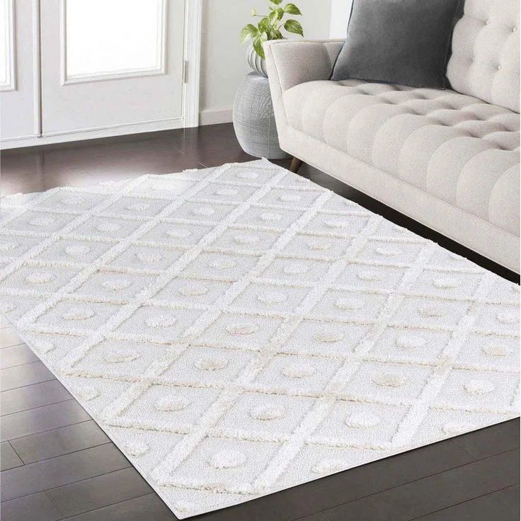 TaraCarpet Designteppich Designerteppich Tokio hoch-tief Struktur Rauten uni, rechteckig, Höhe: 20 mm, moderner scandi BOHO weiß Wohnzimmer Schlafzimmer Flur 120x170 cm – Bild 1
