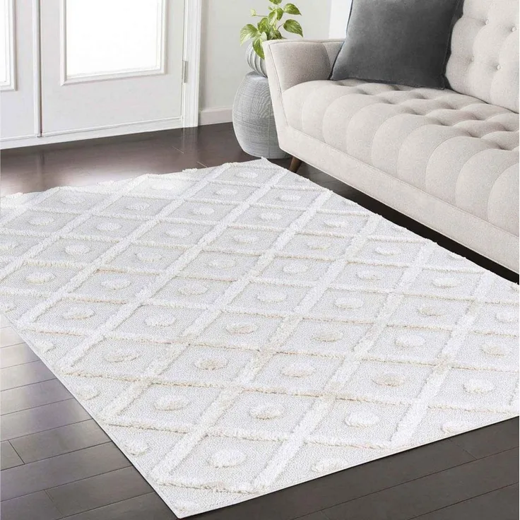 TaraCarpet Designteppich Designerteppich Tokio hoch-tief Struktur Rauten uni, rechteckig, Höhe: 20 mm, moderner scandi BOHO weiß Wohnzimmer Schlafzimmer Flur 120x170 cm
