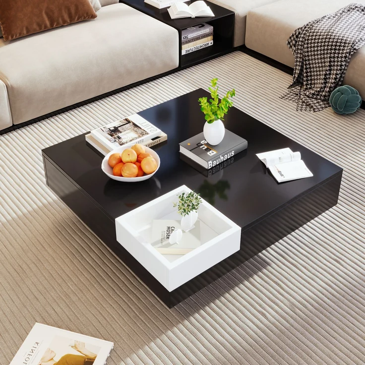 Merax Couchtisch, Hochglanz-Wohnzimmertisch, Beistelltisch mit abnehmbarer Aufbewahrungsbox, Farbblockweiß und Schwarz, 72*72*30 cm, Mit LED-Lichteffekt – Bild 9