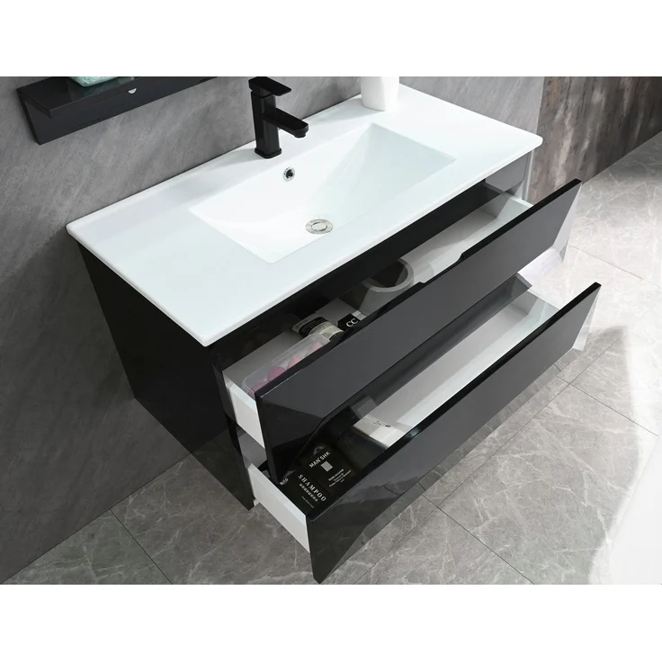 Badmöbel Set Miran 90 cm Schwarz, Keramikbecken & Spiegel 2x Seitenschränke Links + 2x Seitenschrank Rechts, 1x Waschbeckenunterschrank, 1x Spiegelablage, 1x Spiegel – Bild 3