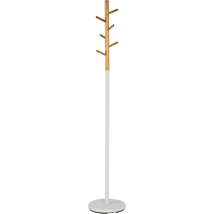 Haku Garderobenständer rund mit 6 Haken aus Massivholz in Bambusfarben, weißes Metallgestell, Ø 30 cm, H 173 cm