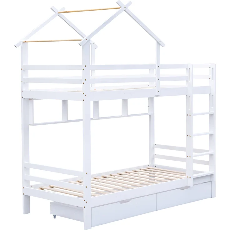 Merax Etagenbett mit Schubladen und Regalen, Hausbett mit dreistufige rechtwinklige Leiter, Kinderbett mit Fallschutz und Gitter, Rahmen aus Kieferholz, Weiß (90x200cm) – Bild 8