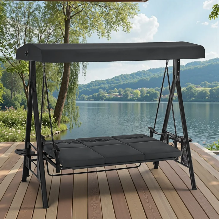 M MCombo 3-Sitzer Hollywoodschaukel mit Liegefunktion, Verstellbarem Sonnendach & Getränkehalter, Gartenschaukel bis 360kg Belastbar Schaukelbank Outdoor Wetterfest, 4093 (dunkgelgrau) – Bild 2