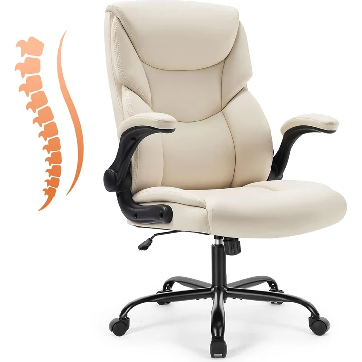 Sweetcrispy Chefsessel PU Leder Bürostuhl Ergonomisch, Schreibtischstuhl mit Hochklappbaren Armlehnen, Ergonomischer Computerstuhl mit Hoher Rückenlehne, Gaming PC Drehstuhl für Arbeit Ruhe, Weiß – Bild 1