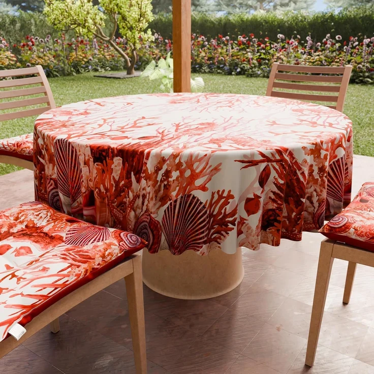 PETTI Artigiani Italiani - Fleckabweisende runde Tischdecke aus Mikrofaser (Durchmesser 120 cm), Küchentischabdeckung für runde Tische mit rotem Korallendesign, 100% Made in Italy