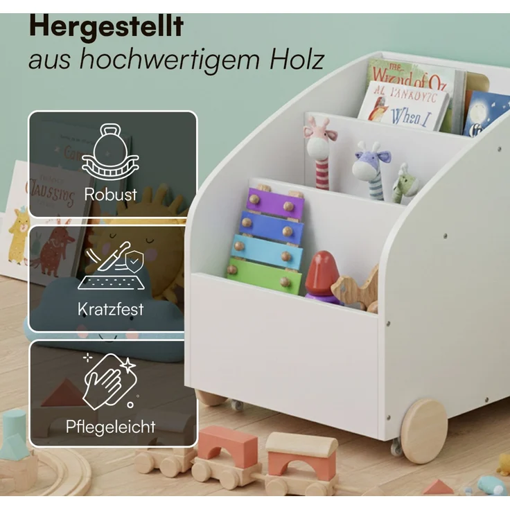 Bellabino 'Towy' Kinderbücherregal, weiß, 43x40x43 cm, Holz, Spielzeugregal mit 3 Ablagefächern und Geheimfach – Bild 6