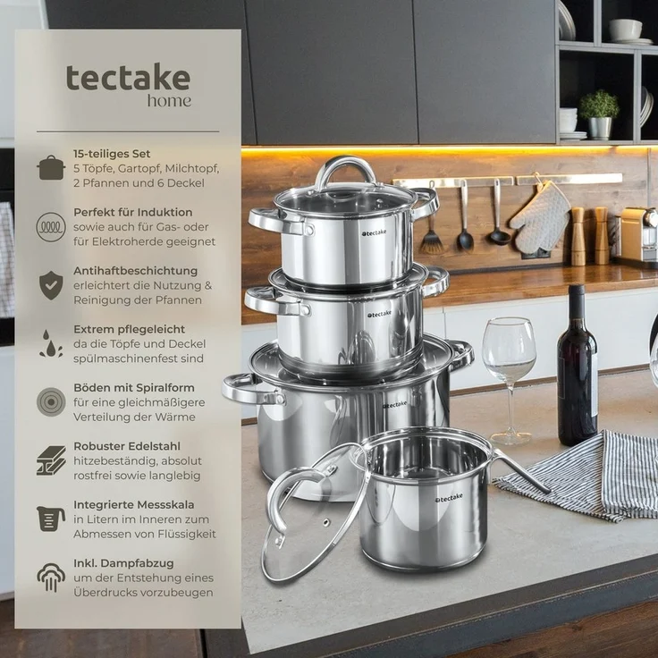 tectake Topf-Set Kochtopfset, Edelstahl, 15-teilig, aus Edelstahl, für Induktion geeignet – Bild 2