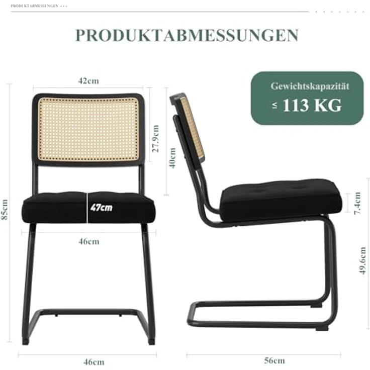 COLAMY Rattan Esstischstühle 4er Set, Samtbezug mit Metallgestell, Schwarz – Bild 3