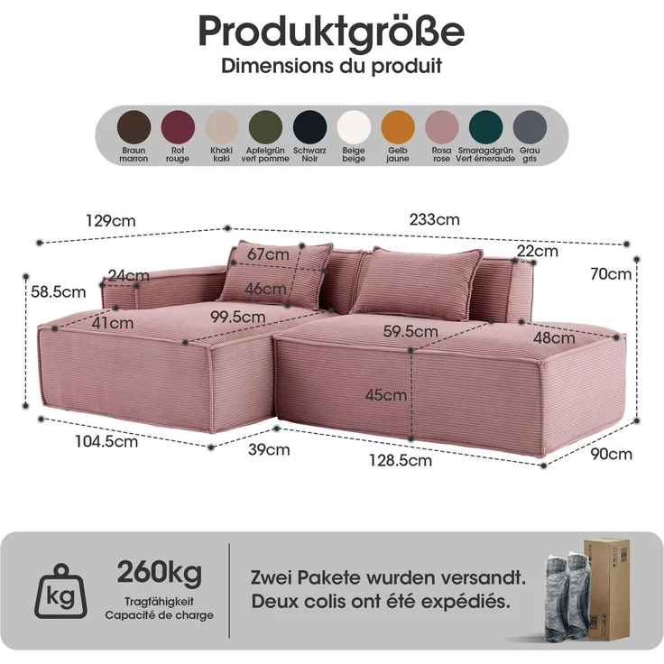 LVHOM Ecksofa 2 Sitzer, Modulares Sofa 235 cm breit, L-Form Sofa mit 2 Kissen, Schlafsofa aus Cordstoff, kein Aufbau erforderlich, Rosa – Bild 6