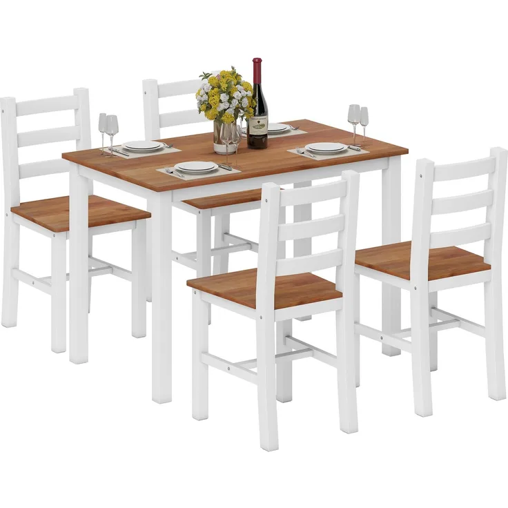 MELAYR, Essgruppenset, Esstisch, 4 Stühle, Esszimmerset, Kiefernholz, Braun+Weiß, 108 x 65 x 75 cm