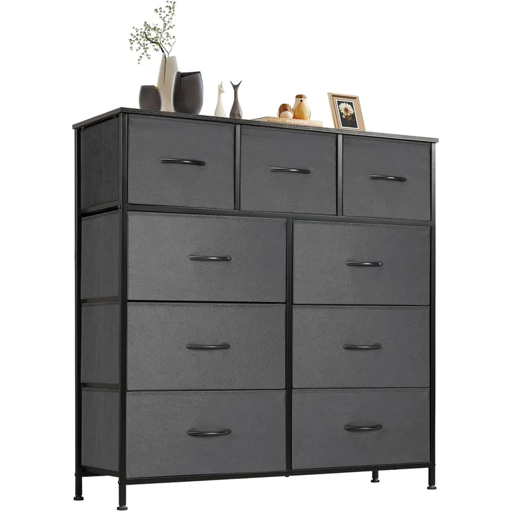 Sweetcrispy Kommode,Sideboard Wohnzimmer für Schlafzimmer mit 9 Stoffschubladen,Einstellbare Füße Schubladenschrank,Komodenschrank für Schlafzimmer,Modernes Grau