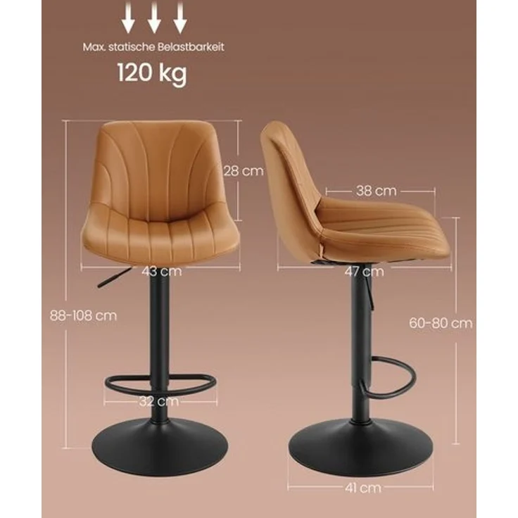 VASAGLE Barstuhl 2er Set, Küchenhocker, 88-108 cm höhenverstellbar, Barhocker, drehbar, mit Fußstütze, PU-Bezug, braun – Bild 3