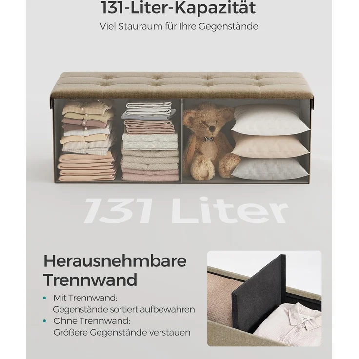 SONGMICS Sitzhocker mit Stauraum, klappbare Sitzbank, 38 x 110 x 38 cm Fußbank, Aufbewahrungsbox, bis 300 kg belastbar, für Wohnzimmer Schlafzimmer Flur, Kamelbraun LSF077R01 – Bild 6