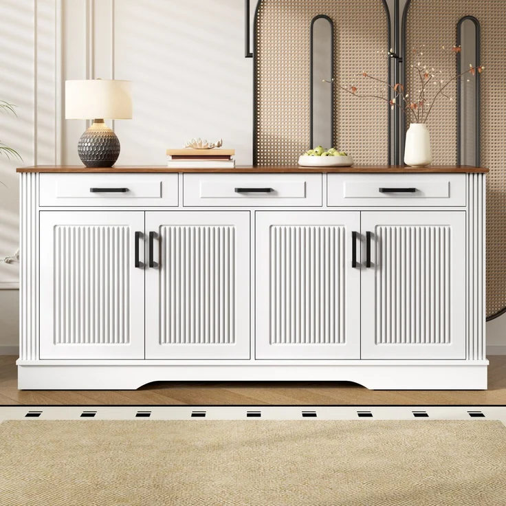 Merax Wohnzimmerschrank, Sideboard, 3D-vertikale Streifen, 3 Schubladen, 4Türen, Korpus aus MDF, Weiß – Bild 1