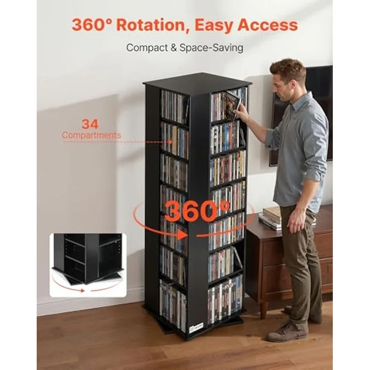 VEVOR DVD-Drehregal mit 34 Fächern, Einstellbares Medienregal Standregal 475 x 475 x 1636 mm, Platzsparendes Aufbewahrungsregal für CDs DVDs Bücher Spiele-Discs, Wohnzimmer Homeoffice, Schwarz – Bild 2