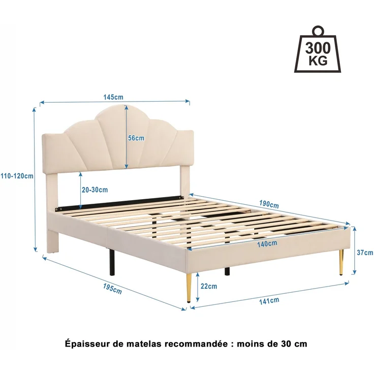 Polsterbett 140×190 cm mit höhenverstellbarem Kopfteil, Samtbezug, Beige, ohne Matratze – Bild 5