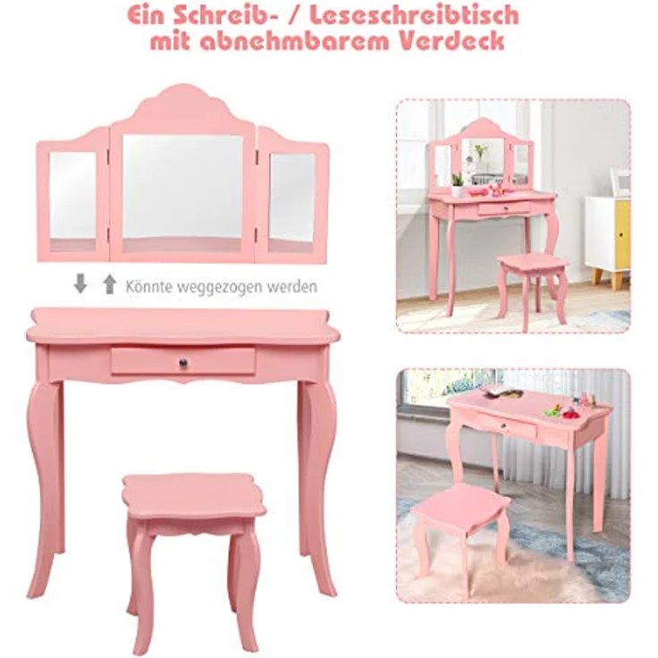 COSTWAY 2 in 1 Kinder Schminktisch mit Hocker, Frisiertisch mit 3-Fach abnehmbarem Spiegel & Schublade, Kosmetiktisch Mädchen Holz, 70 x 34 x 103 cm (Rosa) – Bild 4