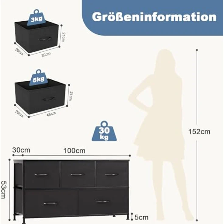 DUMOS Antonia Kommode für Schlafzimmer mit 5 Stoffschubladen, kleine Kommode Organizer Einheiten für Kleidung, Schrank, Kinderzimmer, Aufbewahrungsturm mit Schrank, Metallrahmen, Holzplatte, leichte – Bild 3