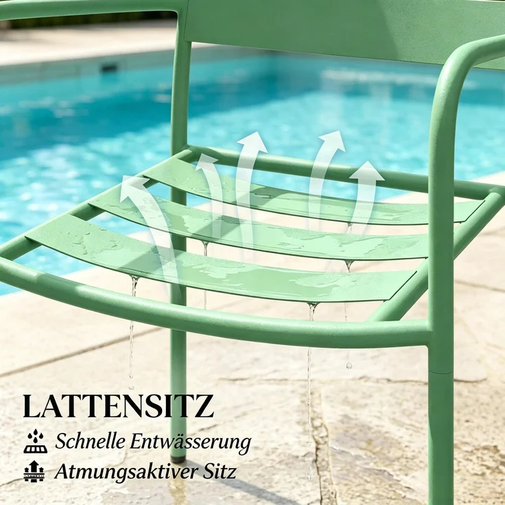 Esstisch-Bistro-Set 50 x 50 x 50 cm mit 2 Armlehnstühlen, Stahl und Glas, Grün – Bild 5