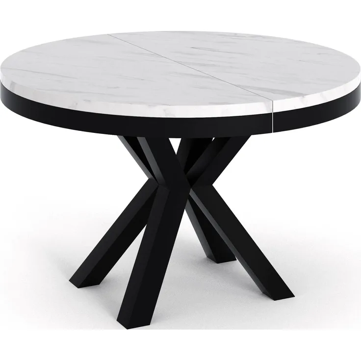 Runder Ausziehbarer Esstisch Weiß - Tisch im Loft-Stil mit Metallbeinen - Industrieller Tisch für Wohnzimmer - Spacesaver - Weisser Marmor - Schwarz - 120 cm