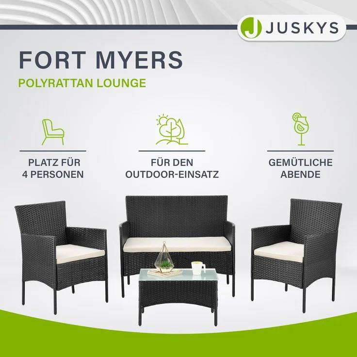 Juskys 'Fort Myers' Gartenmöbel Set mit Tisch, Sofa & 2 Stühlen, Polyrattan, 60x35 cm, Schwarz / Creme – Bild 2