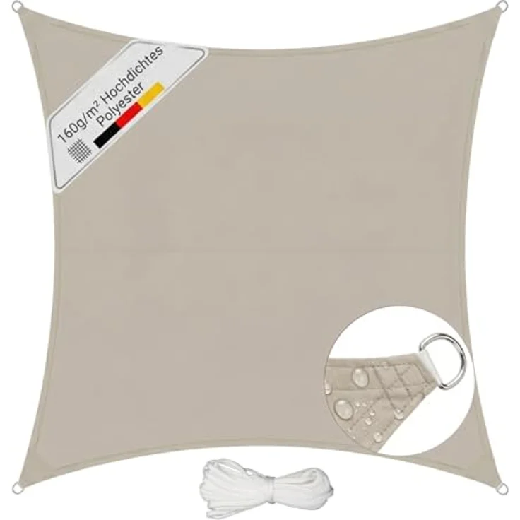 Sunula Sonnensegel Wasserdicht 4x4 m Quadratisch – hochdichtes PES 160g/m², mit umlaufendem Gurtband & Edelstahl-Ringen, Nahtversiegelung & bis zu 95% UV-Schutz, für Balkon Terrasse Garten, Taupe – Bild 2