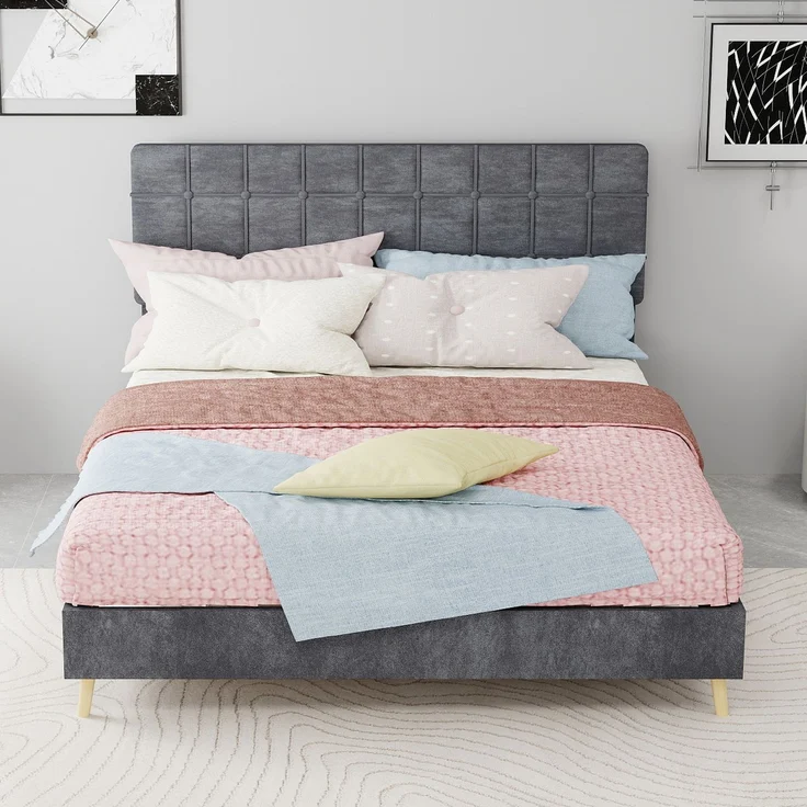 Novelux Polsterbett 140x200 cm mit gestepptem Kopfteil - Doppelbett Stoffbett Dunkelgrau, Massivholzrahmen & Holzfüße, Modernes Bettgestell für Schlafzimmer – Bild 8