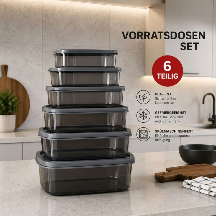 Jungengel Frischhaltedose Vorratsdosen Set 6-teilig Stapelbar Aufbewahrungsdosen Gefrierdosen, (Vorratsdosen-Set, 6-tlg, 6 passende Deckel, 6x Vorratsdosen in unterschiedlichen Größen), BPA-Frei, Gefriergeeignet bis -25 °C, Hitzebeständig bis ca. +95 °C – Bild 2