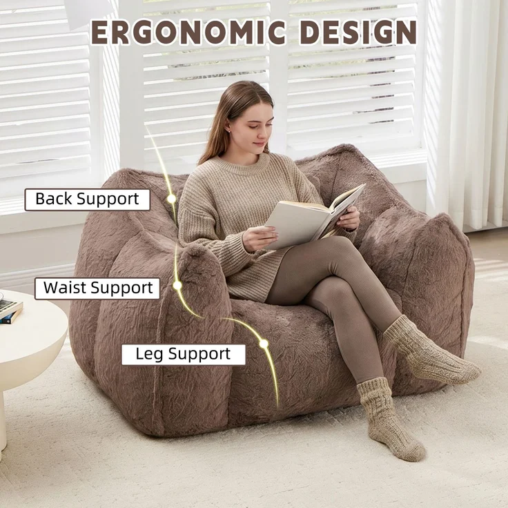 Riesiger Sitzsack mit Kissen, bequeme große Sitzsäcke für Erwachsene und Kinder, Kunstfell-Bodensofa für Wohnzimmer, Schlafzimmer und Wohnung, Khaki--khaki--123x97x73cm--YOUDENOVA – Bild 5