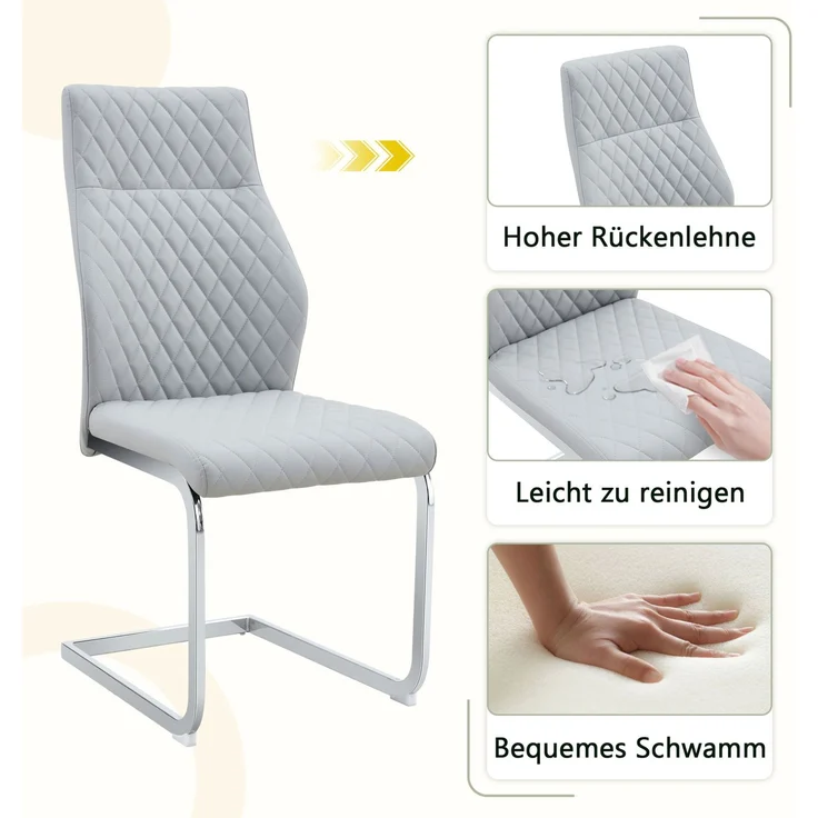 Esszimmerstuhl im Rautenmuster, PU-Lederoptik, 2er-Set, H 100 x T 43 x B 63 cm, hellgrau/silber – Bild 7