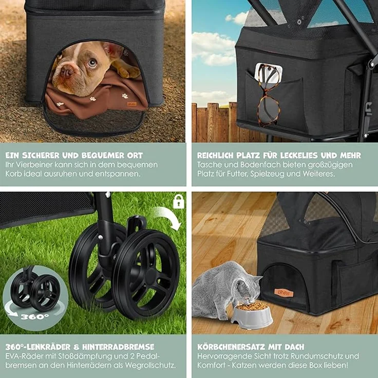 LOVPET® Hundewagen 2in1, Hundebox, Transporttasche, Faltbar, klappbar bis 20kg, mit Netzfenstern, Getränkehalter, Regenschutzabdeckung & Kuscheldecke, Anthrazit, 99,5 x 65 x 50,5 cm – Bild 4