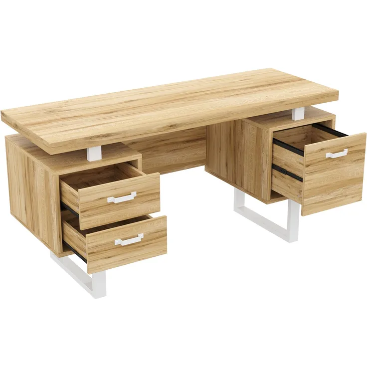 Flieks Schreibtisch 135 x 54 x 76 cm mit 2 Schubladen, Hängeregisterfach und stabilem Stahlgestell, Naturholzfarben